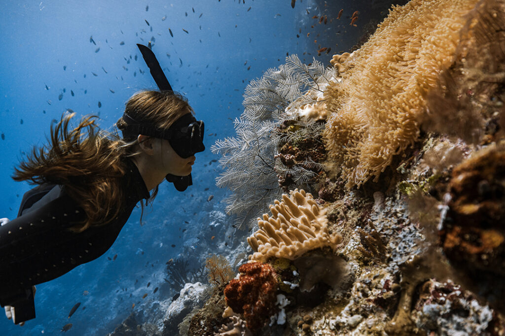Garanta sua aventura de luxo em alto-mar! Mulher usando snorkeling observando corais e recifes no fundo do mar, uma das aventuras de luxo em alto-mar das expedições da Inguz.