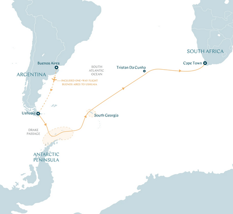 Mapa da rota entre Antártida e África do Sul.