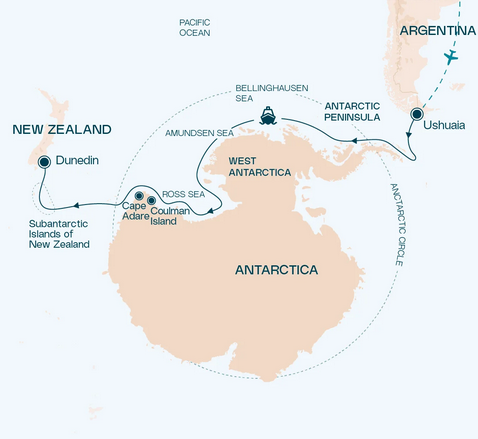 Mapa da rota entre Argentina e Nova Zelândia, passando pela Antártida.