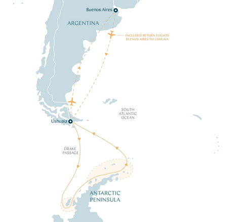 Mapa da rota para Antártida passando pelo Estreito de Drake.
