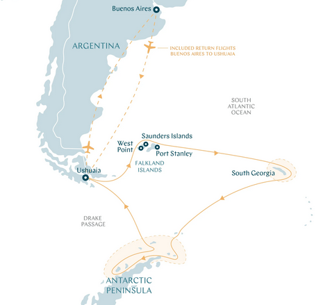 Mapa da rota que passa pelas ilhas do Atlântico antes de chegar na Antártida.