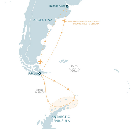 Mapa da rota mais básica entre as expedições marítimas para a Antártida.