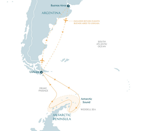 Mapa da rota para Antártida passando por Weddell Sea.