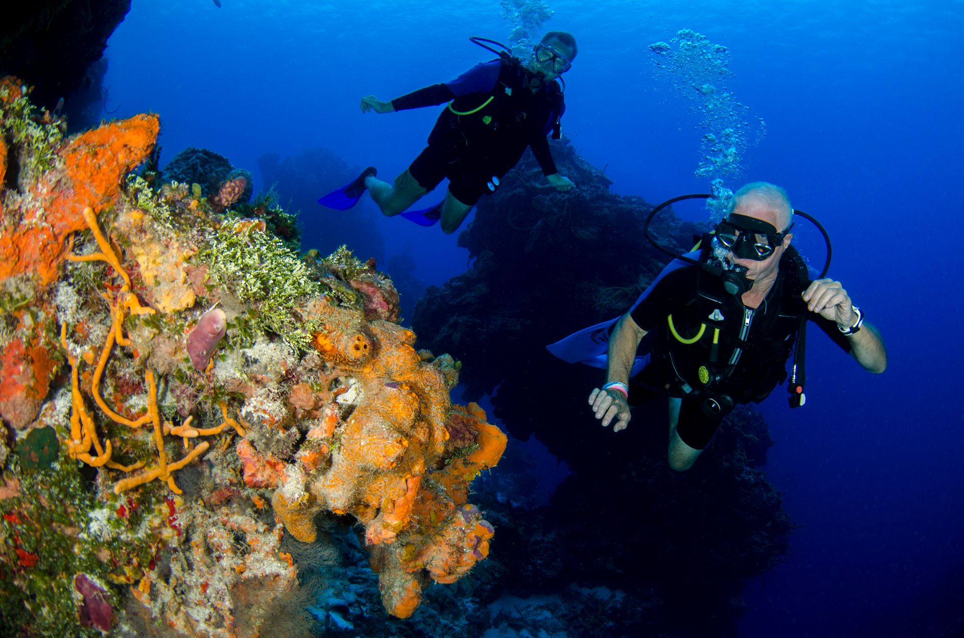 Dois mergulhadores explorando um recife de corais vibrante e colorido no fundo do mar, simbolizando o espírito de exploração da Inguz Expedições Marítimas.