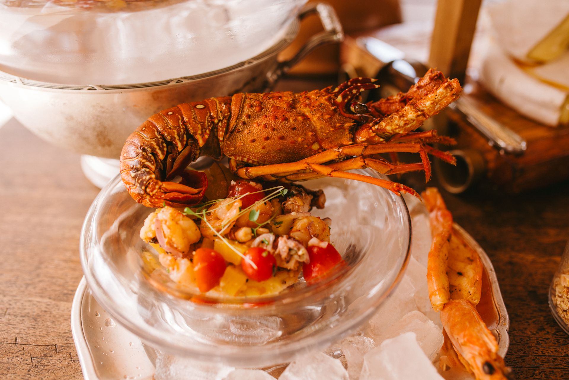rato sofisticado de frutos do mar com lagosta e tomates sobre gelo, representando a experiência gastronômica de alta qualidade da Inguz Expedições Marítimas.