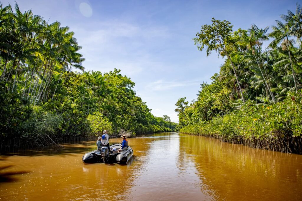 Fale com a Sabine e tire suas dúvidas! Bote inflável percorrendo as águas do Rio Amazonas, durante expedição fluvial de luxo.